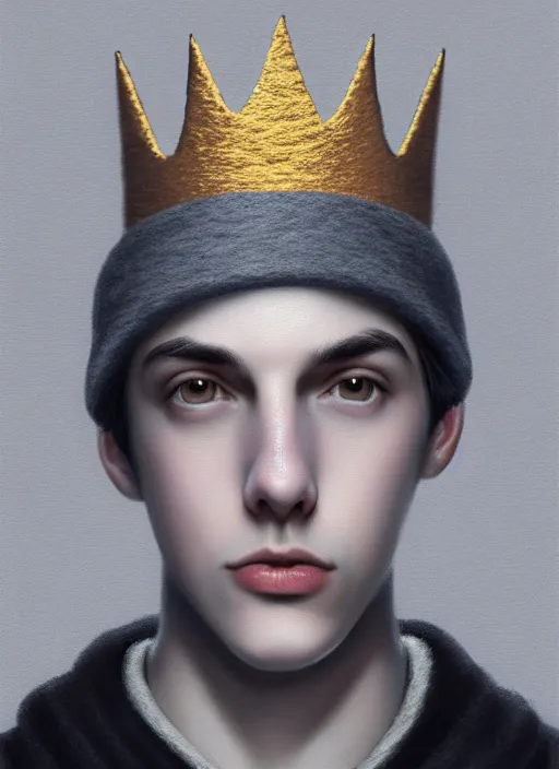 Image similar to portrait of teenage jughead jones wearing a light grey crown, photorealistic, single color crown made of fabric, crown made of felt, black hair, intricate, elegant, highly detailed, digital painting, glowing lights, artstation, concept art, smooth, sharp focus, illustration, art by wlop, mars ravelo and greg rutkowski