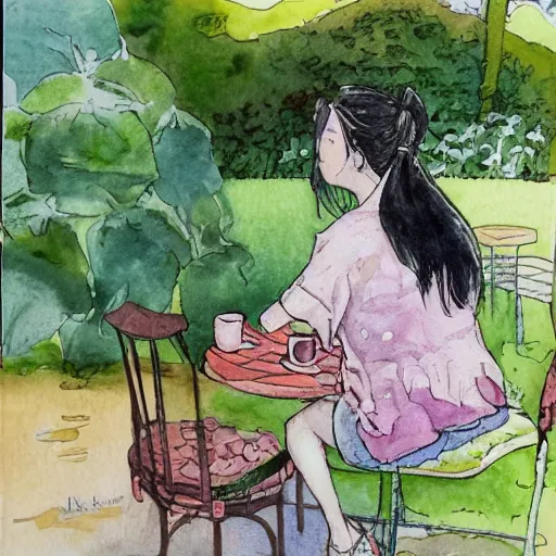 Prompt: hanako tanaka drinking coffee in the garden. watercolor by the award - winning comic artist