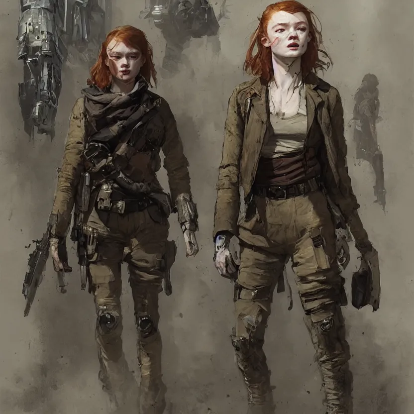 Prompt: sadie sink dressed as a resistance fighter : costume design concept art for a scifi cyberpunk film. by greg rutkowski, john j. park, jason chan, noah bradley, feng zhu, gintas galvanauskas, gustave courbet, rosa bonheur, edward hopper. sharp focus, cinematic atmosphere, detailed and intricate, perfect anatomy