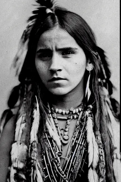 Image similar to “Photo of Native American indian woman Emma Watson, portrait, skilled warrior of the Chiricahua Apache, Lozen was the sister of Victorio a prominent Chief, showing pain and sadness on her face, ancient, realistic, detailed, emma watson”