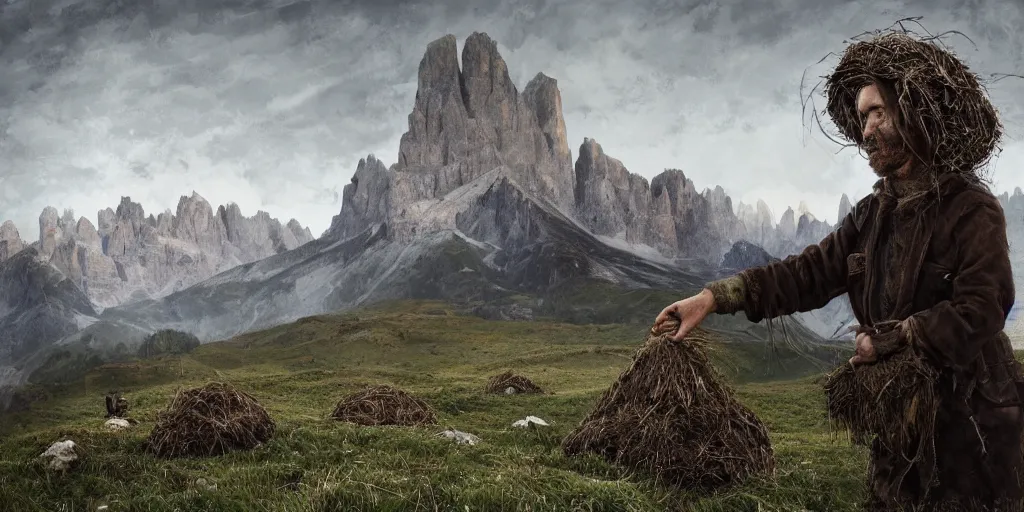 Image similar to alpine farmer transforming into a monster ,roots and hay coat, dolomites in background, dark, eerie, despair, portrait photography, artstation, digital art, concept art, artstation, highly detailed, sharp focus, by caravaggio