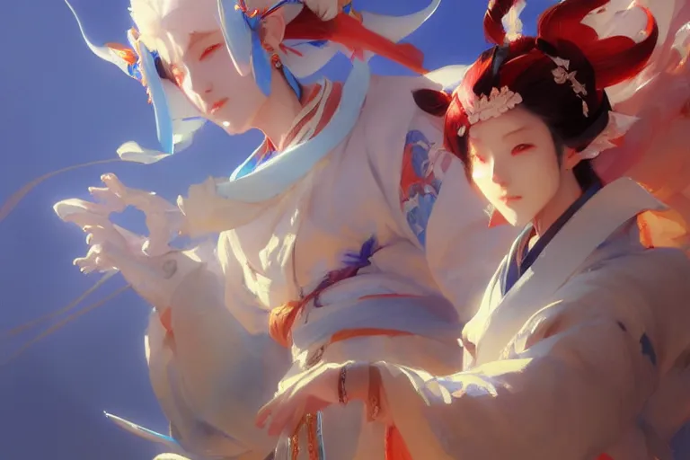Prompt: onmyoji, onmyoji detailed art, artstation, vibrant colors and hard shadows and strong rim light, light blue sky, cool white color temperature, painting by gaston bussiere and craig mullins
