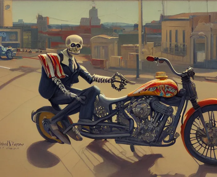 Image similar to a very detailed painting of a skeleton wearing a suit, riding a motorbike down a street, harley davidson motorbike, worm's - eye view, very fine brush strokes, very aesthetic, very futuristic, in the style of edward hopper and grant wood and syd mead, 4 k,