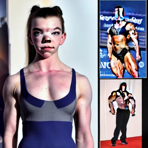 Prompt: anya taylor - joy jacked bodybuilder fitness steroid muscular vascular physique