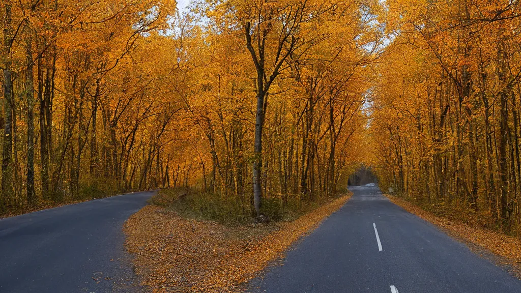 Image similar to a photograph of a country road lined on both sides by maple and poplar trees, in the autumn, red orange and yellow leaves, some leaves have fallen and are under the trees and on the road