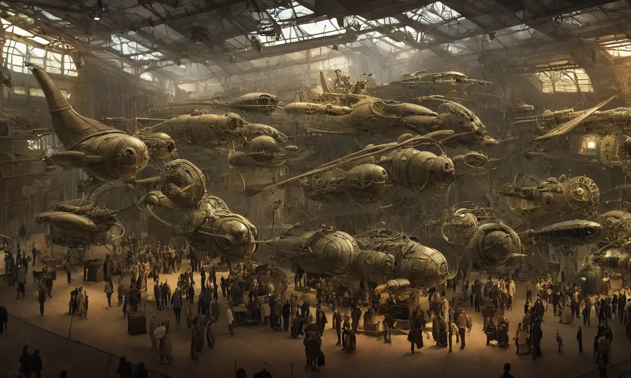 Prompt: exhibition hall of a dieselpunk museum of renaissance full of glass showcases with incredibly detailed dioramas of aliens and spaceships, fused into epoxide, high detail, raytracing, back light, raymarching, new movie from digital domain and weta digital