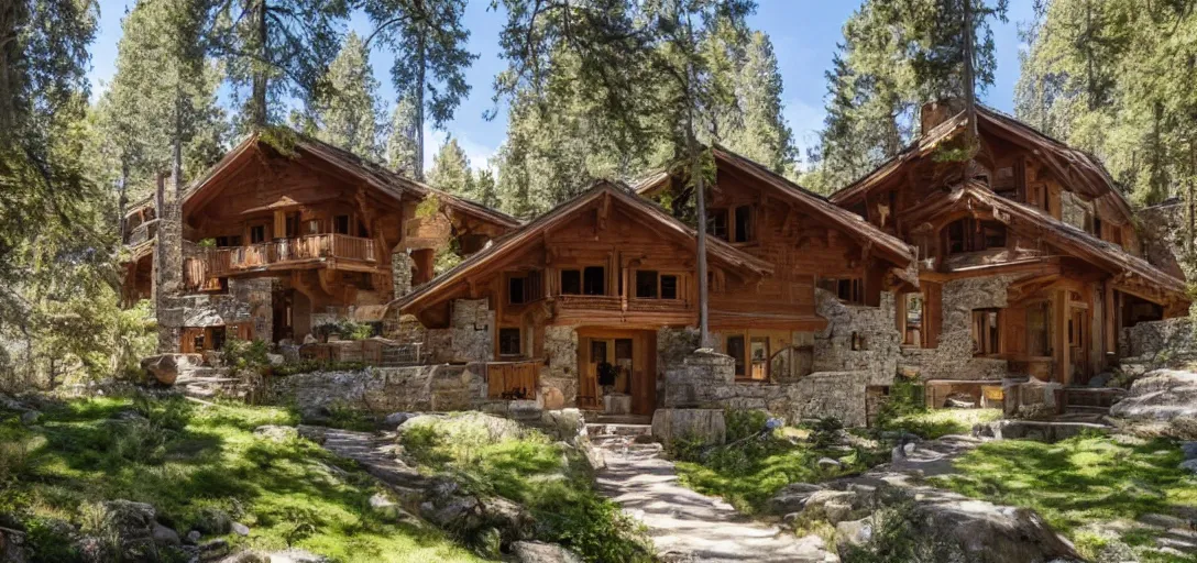 Image similar to mountain chalet designed by julia morgan. 8 k.