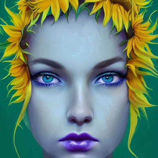 Image similar to a beautiful stunning matte digital portrait illustration of a blue-eyed woman with freckles and violet hair wearing a yellow sunflower crown, in the style of Ross Tran, trending on artstation, contest winner