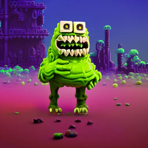 Prompt: slime lord king of the slime universe, skeleton, full body included, wide shot, 1 4 mm lens, f 2. 8, goopy, goop, fluids, soft tissue, subsurface scattering, reflections, ambient occlusion, raytracing, unreal engine 5, pixel art 8 - bit, by beeple