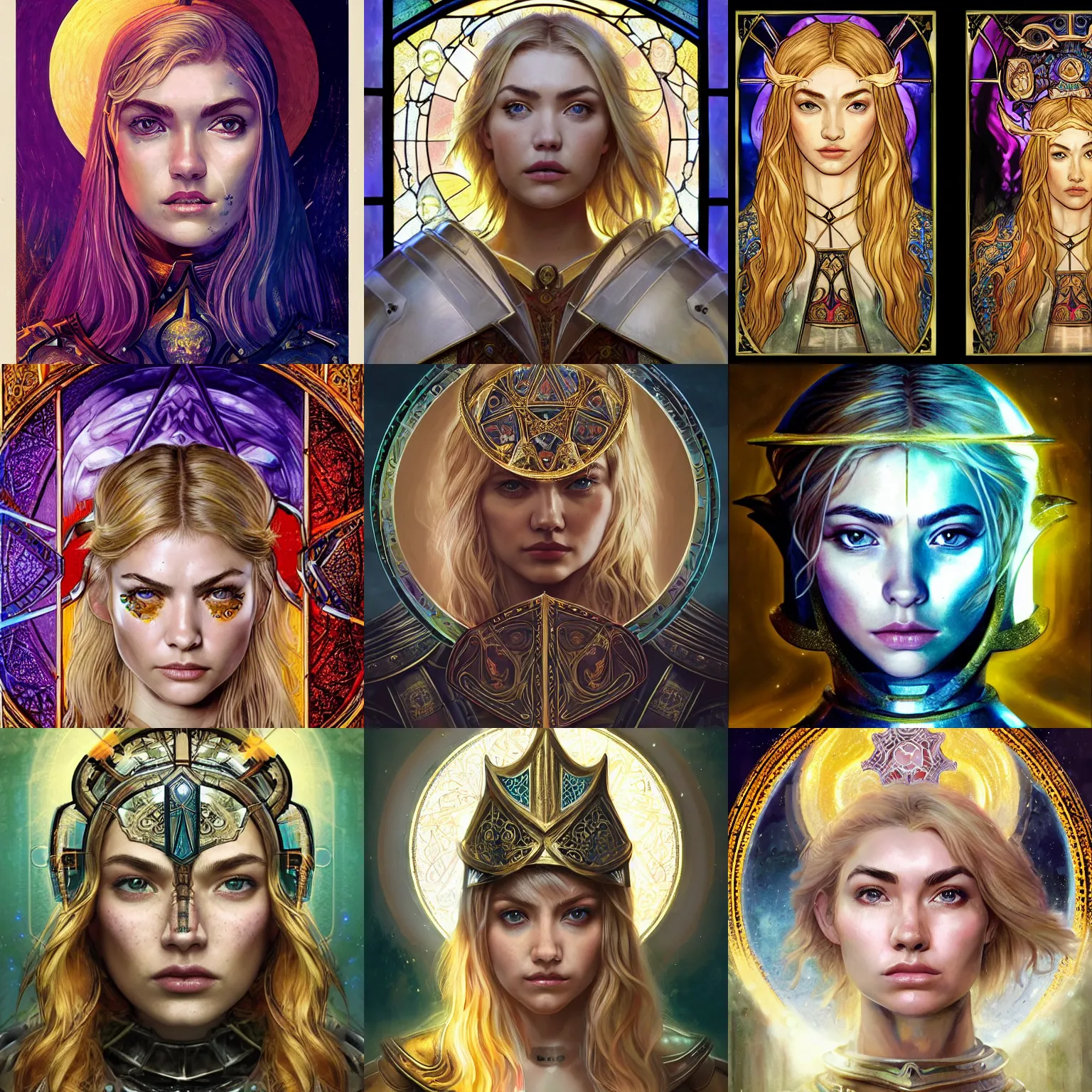 Prompt: masterpiece head-on symmetrical centered portrait, Imogen Poots and Elisha Cuthbert as a D&D paladin, Elden Ring, blonde hair, prismatic golden halo around her head, wearing plate armour, elegant, distant, stained glass tarot style, in the style of Edgar Maxence and Ross Tran and Zdzisław Beksiński and Michael Whelan and Mucha and Gustave Doré, specular highlights, 8k, octane render