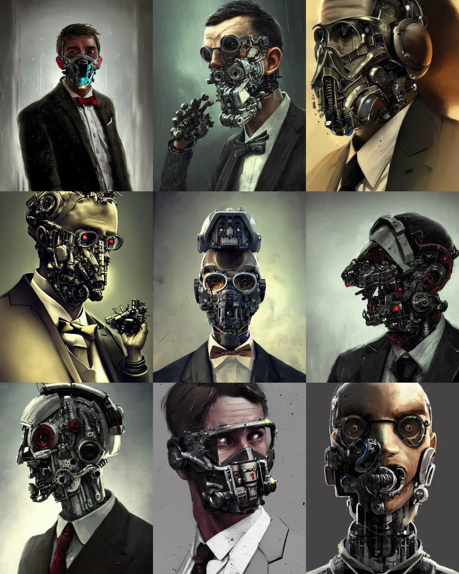 Image similar to a rugged young engineer man with cybernetic enhancements wearing a suit and bowtie, detailed mask, scifi character portrait by greg rutkowski, esuthio, craig mullins, 1 / 4 headshot, cinematic lighting, dystopian scifi gear, gloomy, profile picture, mechanical, half robot, implants, steampunk