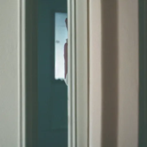 Image similar to a ghost peeks around a doorway, horror, home video