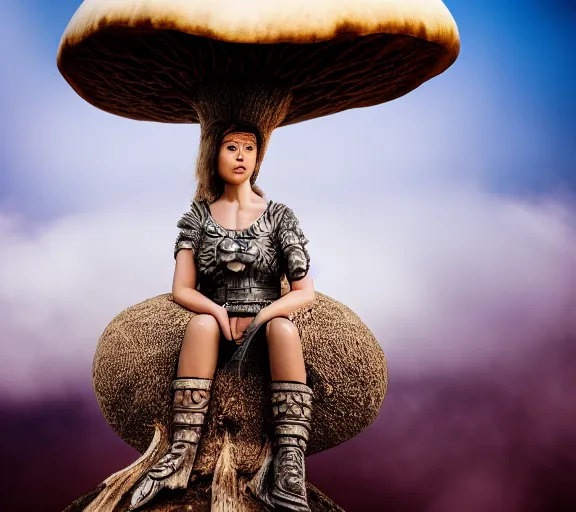 Prompt: a portrait of a female warrior sitting on a giant mushroom that covers a whole town and reaches above the clouds. intricate. lifelike. soft light. sony a 7 r iv 5 5 mm. cinematic post - processing