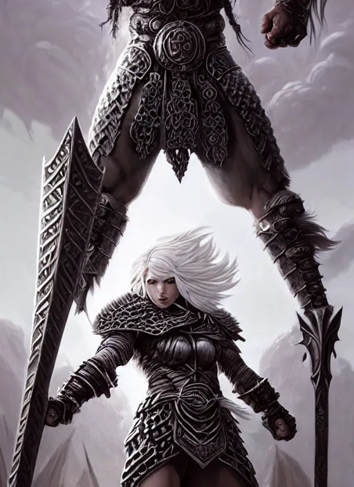 Image similar to barbarian, plated armor!!! long wild white hair!! chest plate!!! fantasy, d & d, intricate ornate details, digital painting, pretty face!!, symmetry, concept art, sharp focus, illustration, art by artgerm! greg rutkowski magali villeneuve wlop! ilya kuvshinov!!, octane render