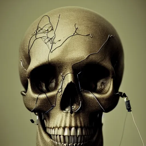 Prompt: a human skull, revealing wires and electronics, arteries, veins, sci - fi, missing panels, intricate abstract intricate artwork, concept art, octane render, deviantart, cinematic, key art, hyperrealism, iridescent accents, portrait photograph, nikon 3 5 mm, photograph by greg rutkowski