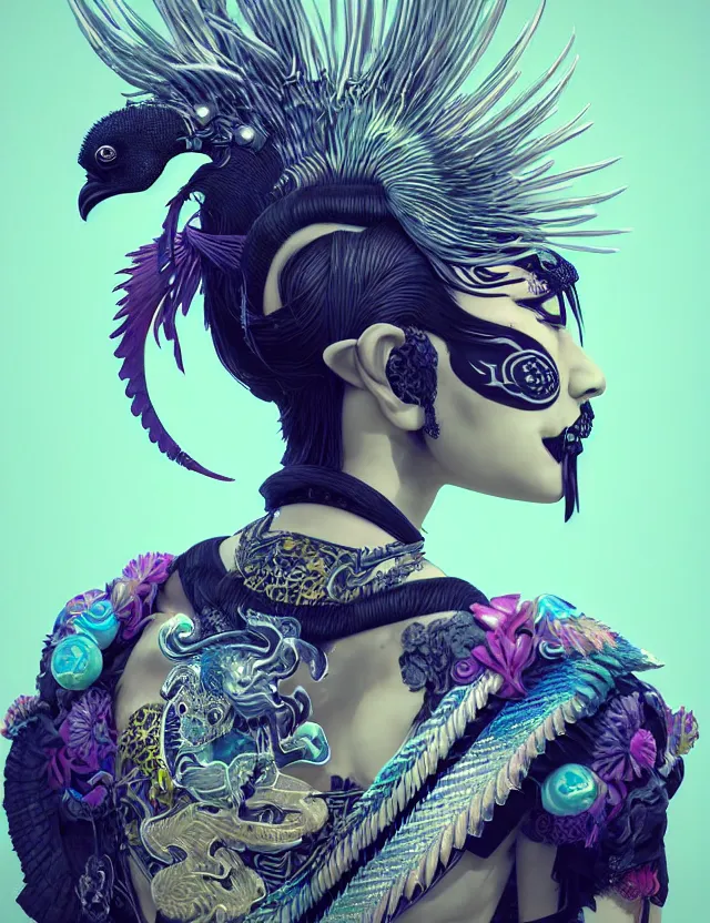 Image similar to 3 d goddess close - up profile portrait punk with mohawk with ram skull. beautiful intricately detailed japanese crow kitsune mask and clasical japanese kimono. betta fish, jellyfish phoenix, bio luminescent, plasma, ice, water, wind, creature, artwork by tooth wu and wlop and beeple and greg rutkowski