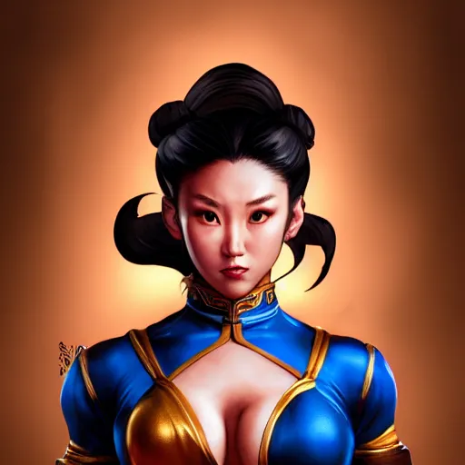 Image similar to Chun-Li in a fight pose, portrait, fantasy, medieval, beautiful face, vivid colors, elegant, concept art, sharp focus, digital art, Hyper-realistic, 4K, Unreal Engine, Highly Detailed, HD, Dramatic Lighting by Brom, trending on Artstation