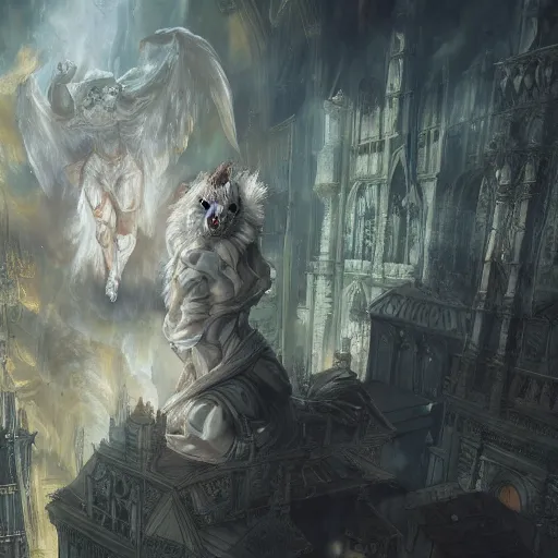 Prompt: A epic and beautiful rococo painting of a angelic werewolf inside a burning cathedral. ghost in the shell style. ultra-detailed. Anime, pixiv, UHD 8K CryEngine, octane render