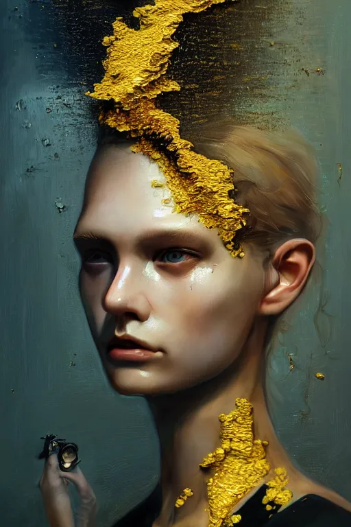 Prompt: 3 d, close - up, frown fashion model girl, rat ears, liquid gold and black water, sleepy fashion model, vogue cover style, poster art, hyper detail, intricate oil painting, multiple exposure, morning mood, 3 d by tooth wu and wlop and beeple and greg rutkowski