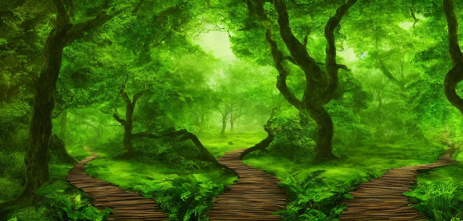 Image similar to a wooden path in the middle of a lush green forest, a detailed matte painting by john eyre, shutterstock contest winner, magical realism, enchanting, matte painting, mystical