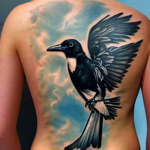 Image similar to back piece tattoo of a magpie flared out on a background of thunderclouds and lightning, high detail
