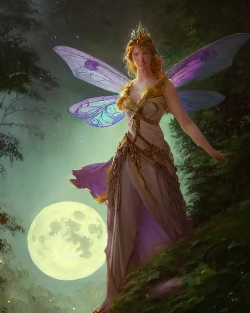 Image similar to a portrait of beautiful fairy goddness fly high in the night, d & d, fantasy, mist, full moon in background, trees, hyper detailed,, midium shot, an oil painting by ruan jia, trending on artstation, concept art, sharp focus, illustration, gaston bussiere, craig mullins, j. c. leyendecker, beautiful lighting