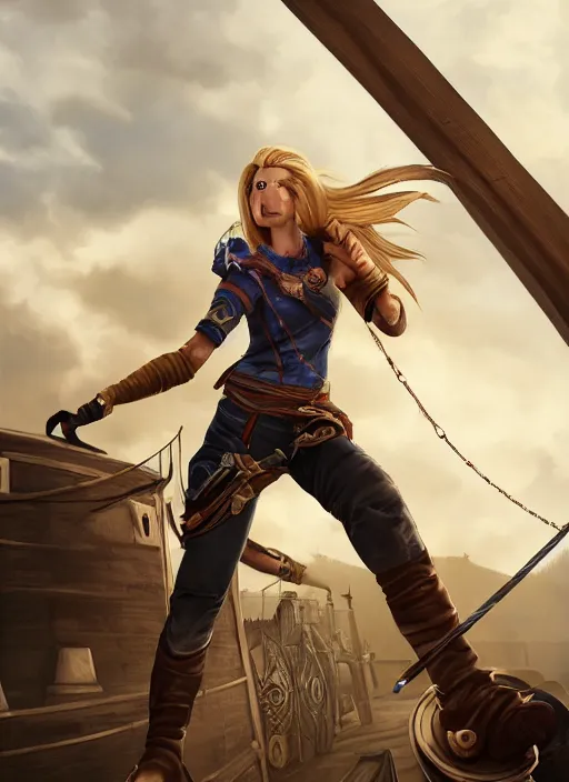 Prompt: An epic fantasy comic book style portrait painting of tall blonde haired female sky-pirate with a serious face and a pony tail in front of a metal gangplank in the style of the wheel of time, unreal 5, DAZ, hyperrealistic, octane render, cosplay, RPG portrait, dynamic lighting