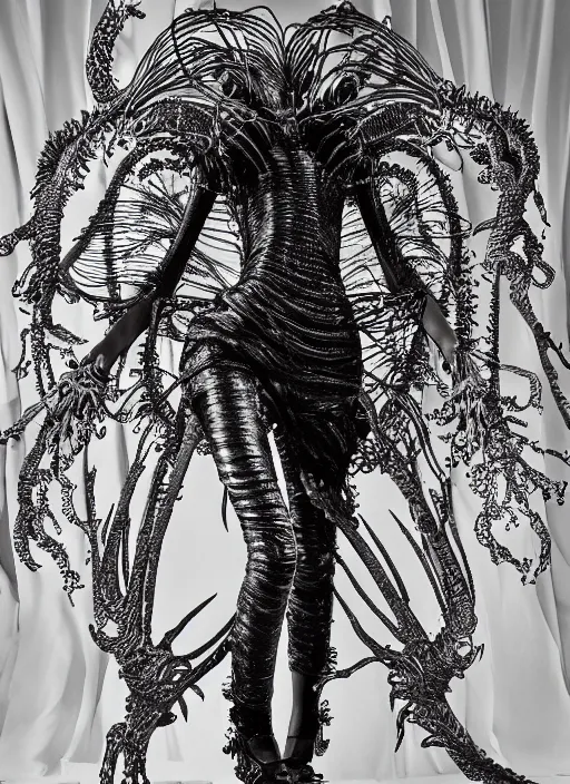 Image similar to walking down the catwalk, ben watts, show, stage, vogue photo, podium, fashion show photo, historical baroque dress dark, iris van herpen, beautiful woman, masterpiece, intricate, biopunk, vogue, full body shot, alien, plant predator, guyver, jellyfish, white biomechanical details, highly detailed