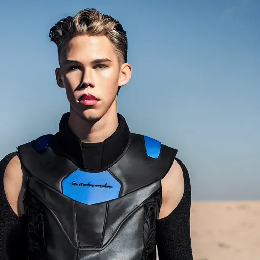 Image similar to medium face shot of adult Austin Butler with exposed head, dressed in black-prussian blue futuristic-tudoresque clothing with embroidered-Ram-emblem, and nanocarbon-vest, in an arena in Dune 2021, XF IQ4, f/1.4, ISO 200, 1/160s, 8K