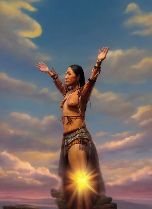 Image similar to indigenous woman starring at the sky, with arms up, praying at the sun, matte painting, fantasy art