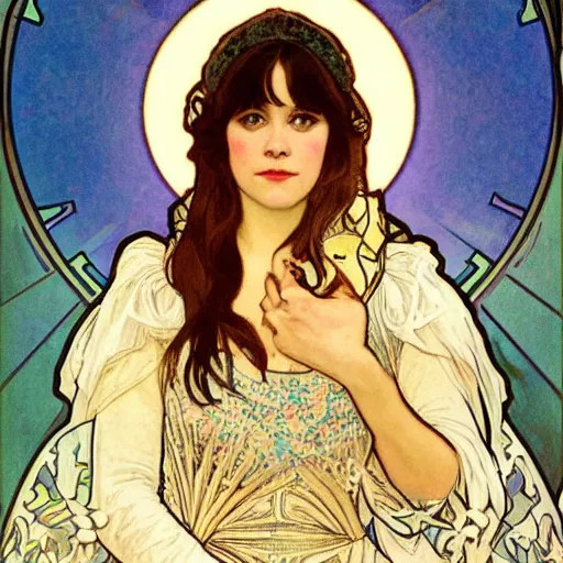 Prompt: zooey deschanel portrait by louis - theophile hingre and alphonse mucha, realistic, sharp focus, zodiac signs, tarot cards, planets, ethereal, art nouveau, magic, moon, sun, crown, dreamy, royal, jewellery