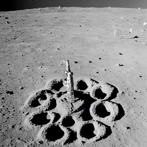 Image similar to a spiral tower of crystals and geodes found on the moon during the moon landing, geode spire spiralling out of a crater on the moon, astronauts posing in front of a crystal spiral tower on the moon