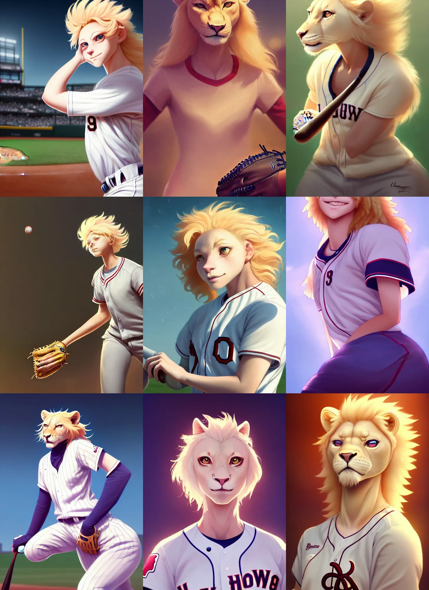 Prompt: beautiful portrait of a female anthropomorphic albino lioness fursona baseball player at a baseball stadium pitcher's mound. character design by disney, charlie bowater, ross tran, artgerm, and makoto shinkai, detailed, soft lighting, rendered in octane