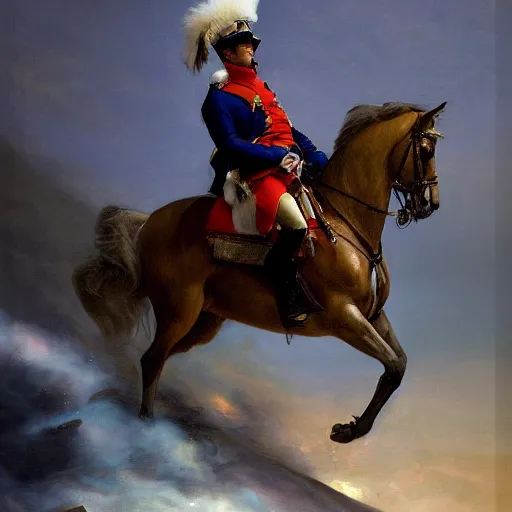 Image similar to Napoleon Bonaparte riding to battle on his electric scooter by Jeremy Lipkin and Giuseppe Dangelico Pino, oil on canvas, epic pose, cinematic, poster, 8k