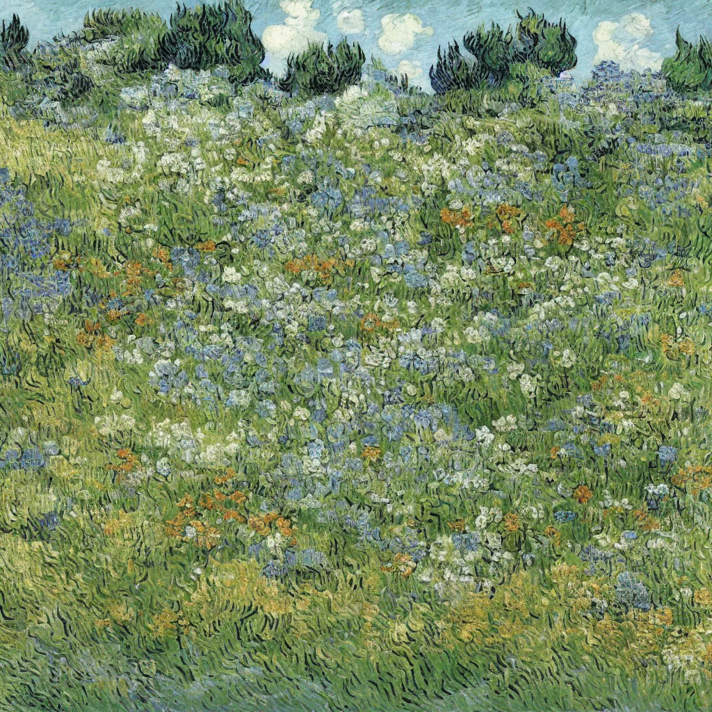 Image similar to a gorgeous garden on the edge of a cliff filled with beautiful flowers in different shades of pale green, van gogh