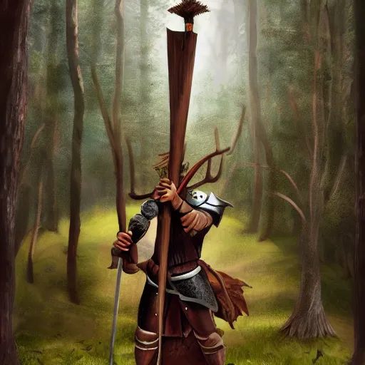 Image similar to a woodland knight made of wood holding a giant club, in a dark forest, digital art, high quality render, artstation, 8 k, photograph quality, ultrahd, in the style of dungeons and dragons