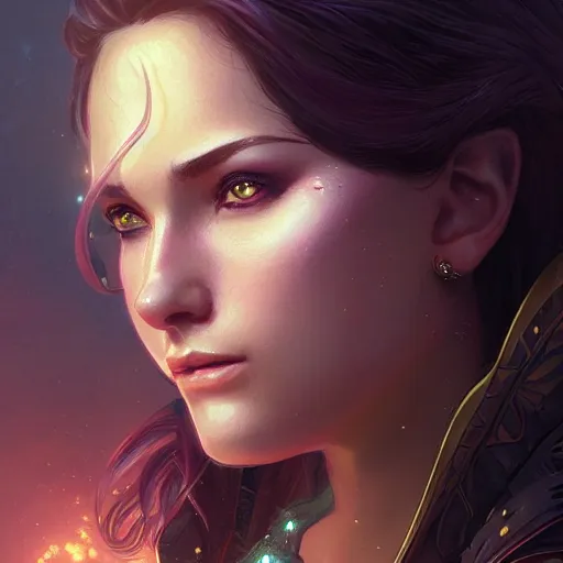 Image similar to close up portrait of a retrowave young woman, D&D, fantasy, intricate, elegant, highly detailed, digital painting, artstation, concept art, matte, sharp focus, illustration, hearthstone, art by Artgerm and Greg Rutkowski and Alphonse Mucha