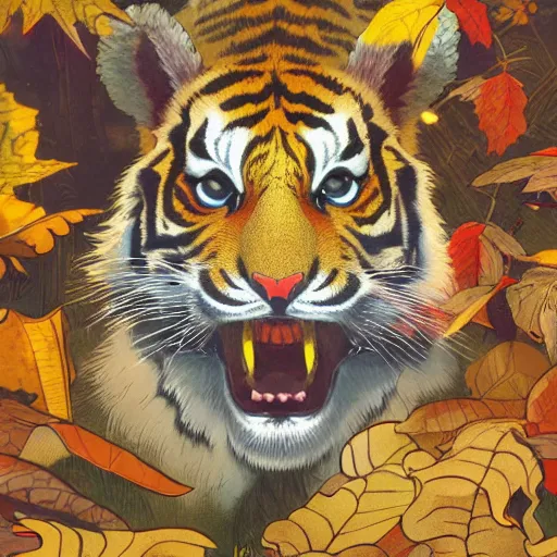 Image similar to a highly detailed portrait of cartoon tiger, sweating and flapping fan, autumn leaves on the ground, concise lines, ultradetailed environment, sharp focus, cinematic lighting, character art, 8 k, by alphonse maria mucha and kim jung gi