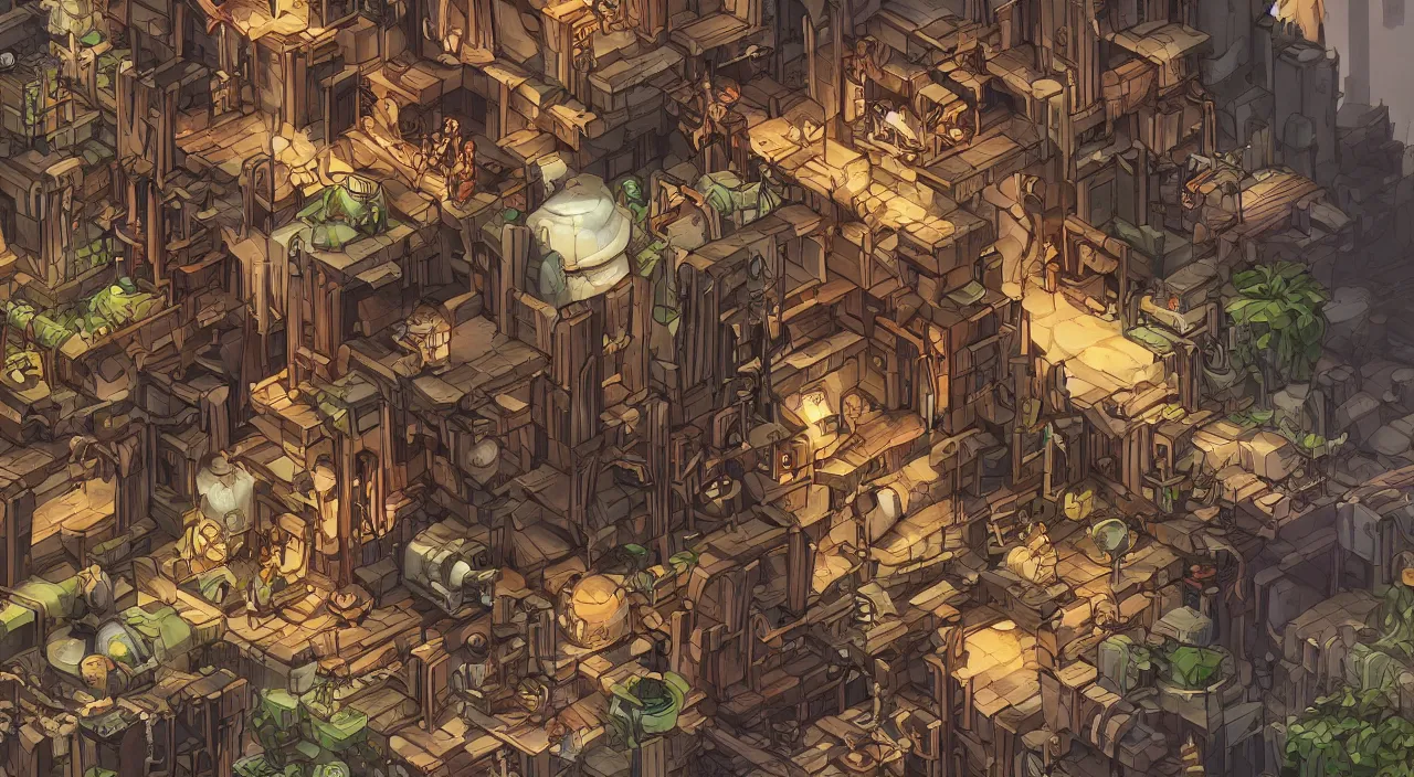 Image similar to open door wood wall fortress airship greeble block amazon jungle vanillaware fanart arstation by sung choi and eric pfeiffer and gabriel garza and casper konefal