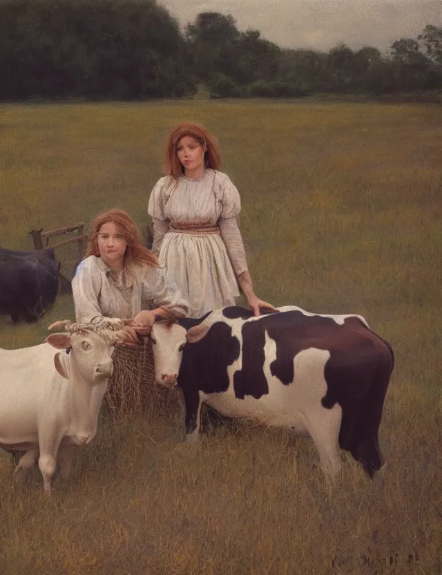 Prompt: portrait of peasant girl and cow on a farm, polaroid photo bleached vintage pastel colors high - key lighting, soft lights, foggy, by steve hanks, by lisa yuskavage, by serov valentin, by tarkovsky, 8 k render, detailed, oil on canvas
