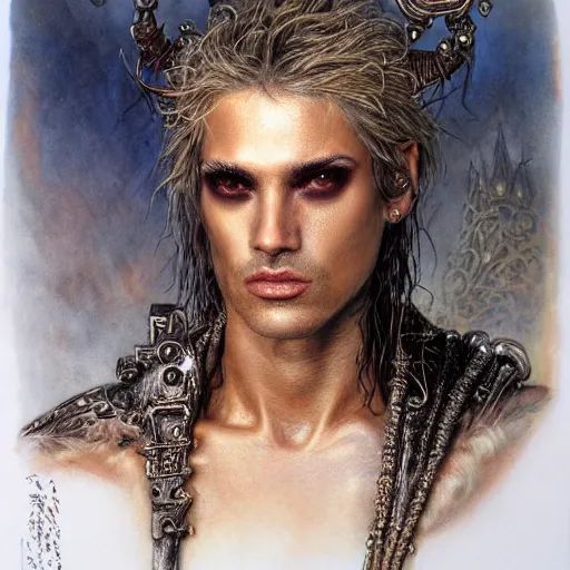 Image similar to an award finning closeup facial portrait by luis royo and john howe of a bohemian male cyberpunk traveller clothed in excessively fashionable 8 0 s haute couture fashion and wearing ornate art nouveau body paint