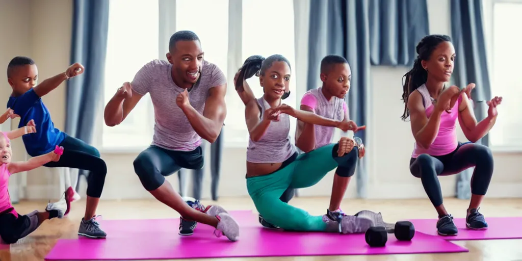 Image similar to a husband and wife exercising with four kids studying, award winning photo,