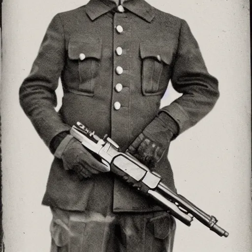 Image similar to A portrait of a man holding a mg42 machine gun in military attire. Black and white, grainy, hyper detailed.