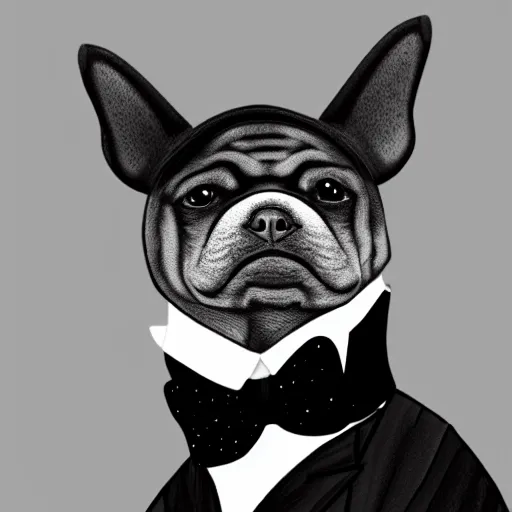Prompt: portrait of a dog wearing a suit and a top hat and a monocle on one eye, digital art, duotone