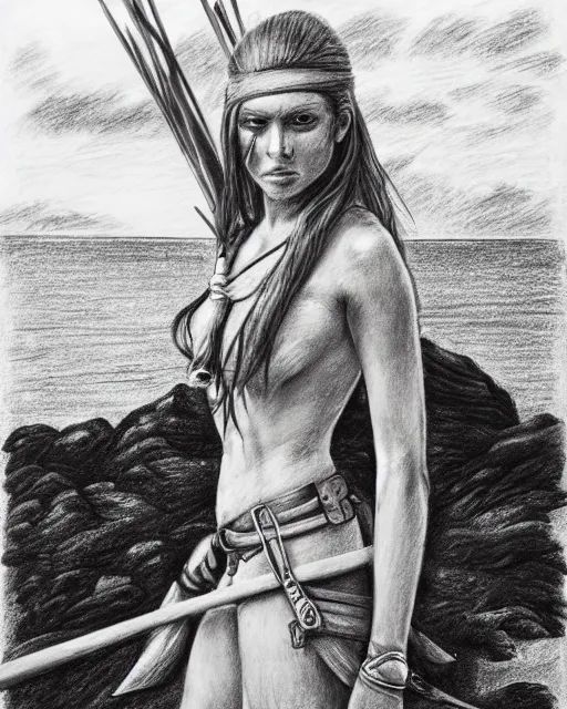 Image similar to A beautiful woman warrior on a faded background of a pirate ship at a deserted island, realism pencil drawing on white paper, bald lines