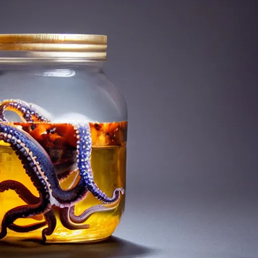 Prompt: octopus is too large to fit in a glass jar