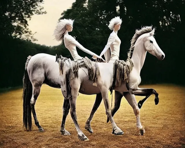 Image similar to incredible strange absurd artwork of horses with two legs, horses walking like humans with two legs, horses walking like humans in the style of tim walker fashion photography, horses doing human jobs