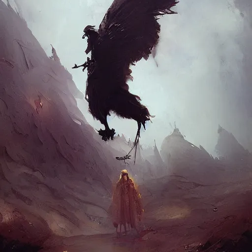 Image similar to Exterior Desert Oasis puissant physique demonic crow wearing a devilry costume Jan Van eyck greg rutkowski ilya repin christophe young bastien lecouffe-deharme ismail inceoglu odd nerdrum dragan bibin john steuart curry