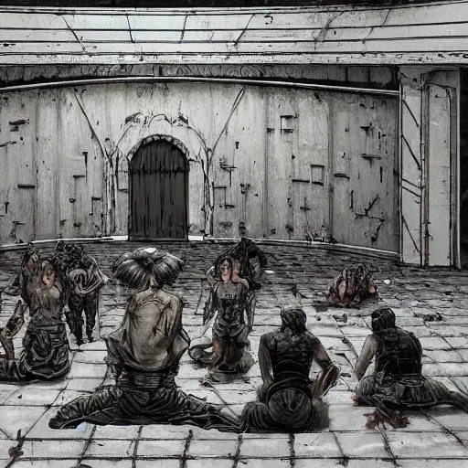 Prompt: a congregation of drunkards stumbling around in an abandoned theatre by michael whelan and greg rutkowski.