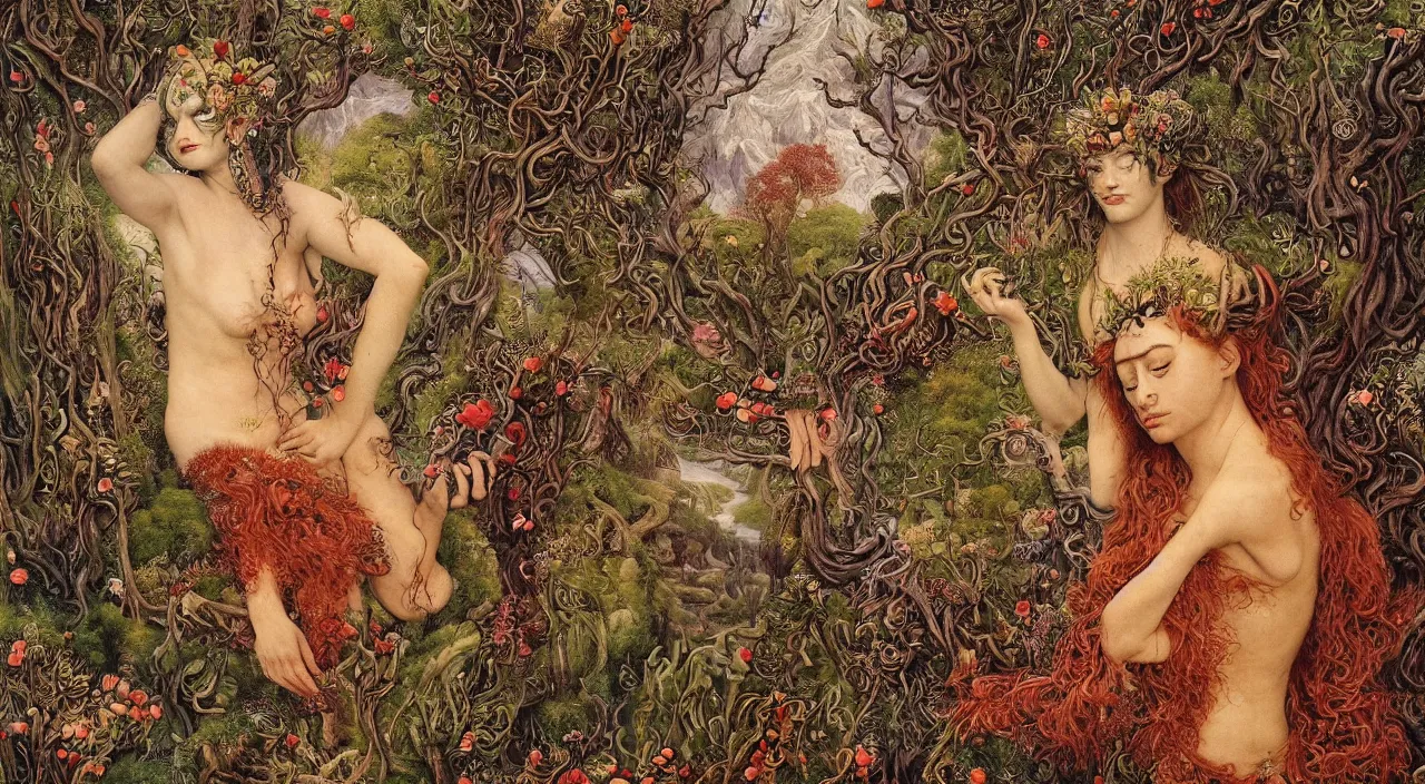 Prompt: a meditating druid dryad with flower eyes transforming herself into a mad beast. her skin is covered in scales and feathers. landscape with mountains, river and burning stars. painted by jan van eyck, max ernst and ernst haeckel, trending on artstation, 8 k, award winning, hard lighting, fashion editorial, mythology, photorealistic, ernst fuchs
